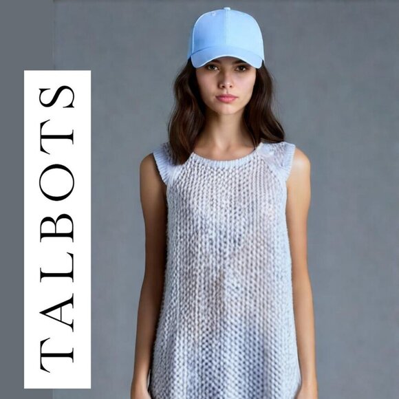 🌱Y2K Talbots 100% Cotton Openwork Round-neck Crocheted Sweater Vest Blue& White - Picture 1 of 16